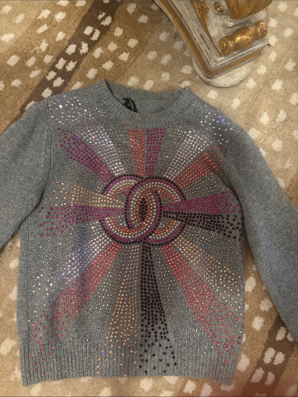 CHANEL Gray Crewneck Sweater with Multicolor Crystal Burst
